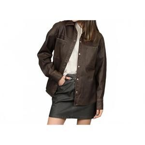 NEW RD INTERNATIONAL aliska distressed faux leather snap front shirt in cedar br